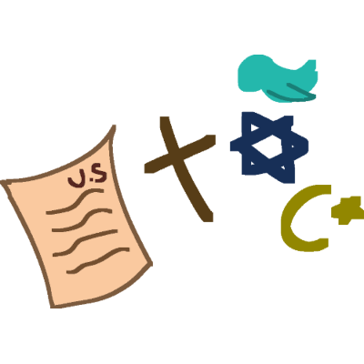  A sheet of paper that says U.S , to the right is a cross, a crescent moon next to a star, and to the right is the star of David